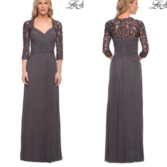 La Femme Ruched Twist Lace Sleeve Column Formal Gown in Gunmetal Gray Size 12 - Picture 1 of 6